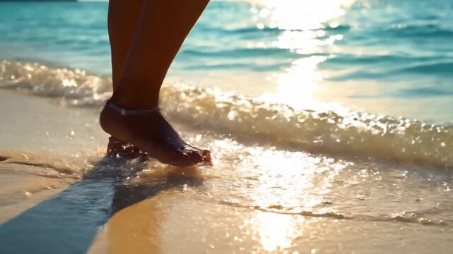 Woman Walking Barefoot on Sandy Beach as Waves Wash Over Feet, Ankle Bracelet