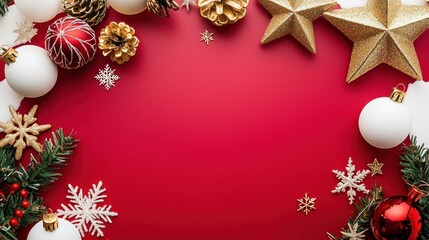 Christmas decorations on a red background. The festive concept of holiday cheer.