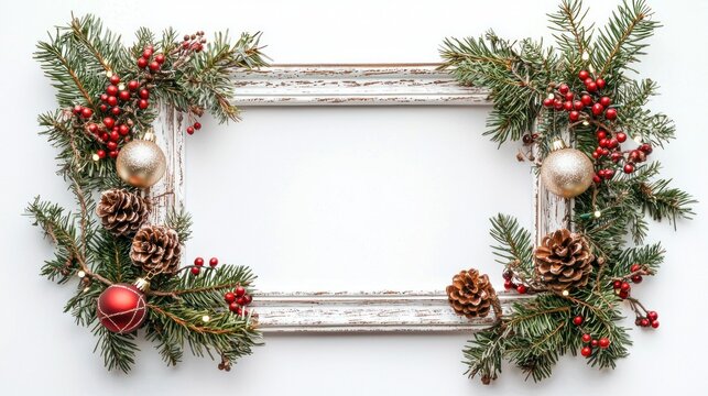 A white wooden frame adorned with Christmas decorations, including pine branches, berries, and ornaments.