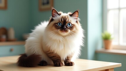 A fluffy, cream-colored cat with striking blue eyes sits attentively on a light wooden table in a soft, teal-toned kitchen setting.