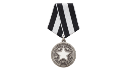 Striking metallic medal with star design and striped ribbon decoration