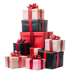 Obraz premium A pyramid of gift boxes with red and black ribbons and bows on a white background.