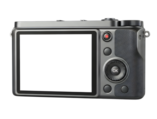 Back view of a silver digital compact camera isolated on transparent background