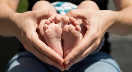 Close-up of a mother's hands holding a baby's feet, forming a heart shape
