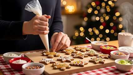 Decorating festive gingerbread cookies with white icing and colorful sprinkles for Christmas