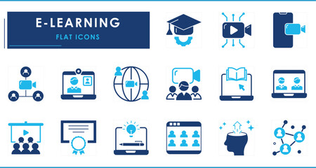 A set of flat icons related to E-learning. Learn, online, training, graduate, connection, call, digital, innovative, group chat, and so on.