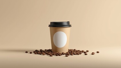 Brown paper coffee cup featuring a black lid and white circular label rests on a bed of roasted coffee beans, presented against a soft beige backdrop with a clean aesthetic, showcasing a minimalist...