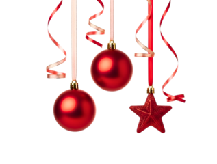 Red christmas ornaments and star decorations isolated on transparent background