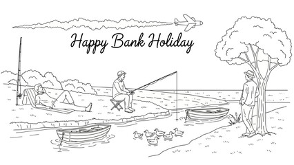 Obraz premium People fishing and relaxing by the river on a bank holiday.