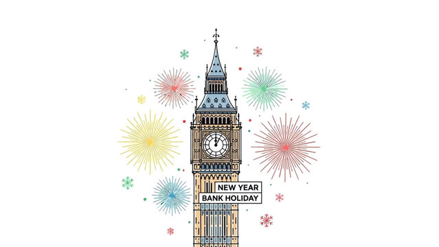 Big Ben Tower with Fireworks Celebrating New Year Bank Holiday.