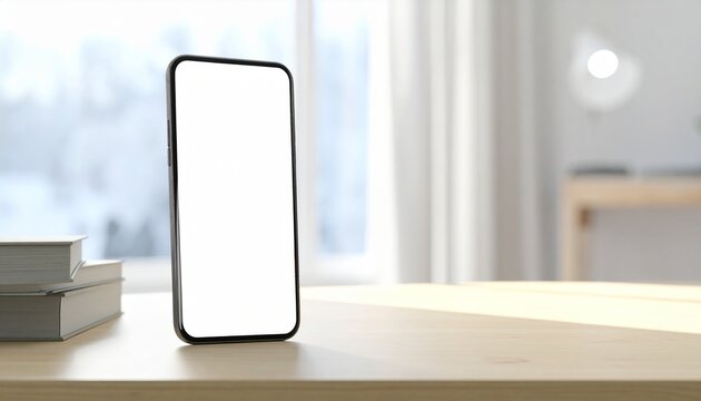 Phone mockup on a neat desk, focused on study with a blurred snowy window view.