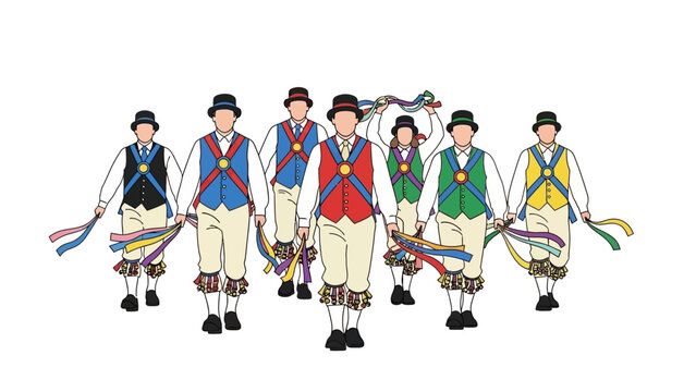 Group of English Morris Dancers Performing Traditional Dance.