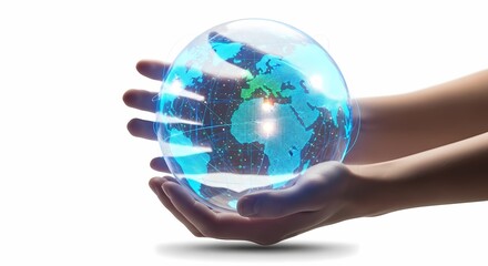 Hands holding a glowing digital globe isolated on white background