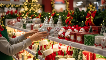 Hands adjusting festive Christmas decorations on retail store shelves, showcasing holiday ornaments and seasonal products.