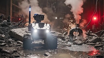 Remote-controlled small wheeled robot transmits video from a hazardous area.
