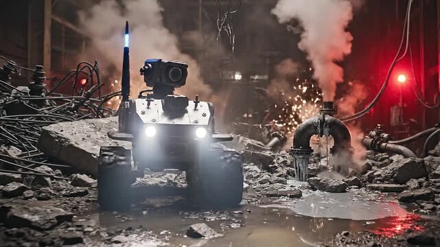 Remote-controlled small wheeled robot transmits video from a hazardous area.