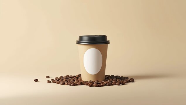 A single disposable coffee cup with a blank white label, sitting on a pile of roasted coffee beans, against a neutral, warm beige background. - Powered by Adobe