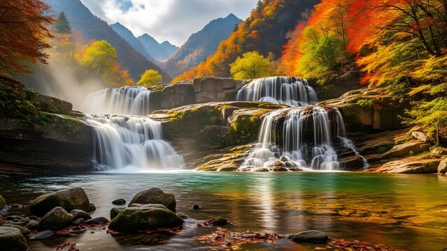 Beautiful Waterfall Landscape with Autumn Colors and Mountain Scenery Background