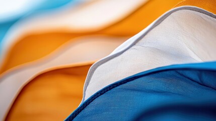 Close-up of layered fabric in shades of orange, white, and blue, creating an abstract and textured composition with soft lighting.