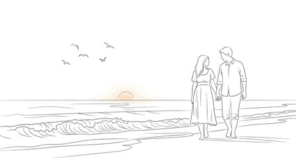 Couples Serene Beach Walk at Sunset - A Romantic Sketch.