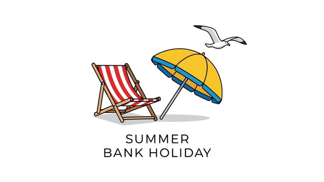 Summer Bank Holiday Deck Chair and Umbrella with Seagull Illustration.