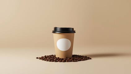 Single disposable coffee cup with blank white sticker, sits atop a bed of roasted coffee beans against a soft neutral-toned background, highlighting the coffee and its potential, a warm and inviting