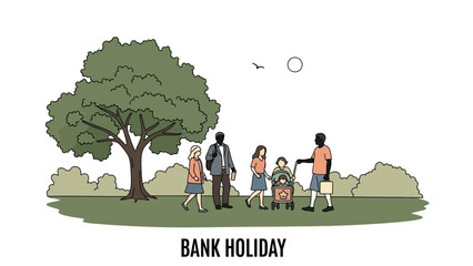 Family enjoying a bank holiday together in a park with a tree.