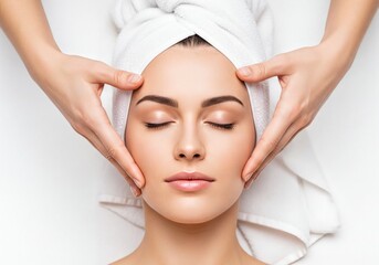Close Up of Young Woman Receiving Relaxing Facial Massage with Eyes Closed and White Towel