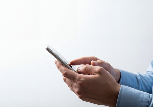 Man's hands using a modern smartphone with a blank screen on a clean white background