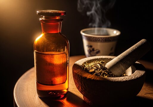 Amber bottle, mortar pestle, and steaming cup for natural remedies - Powered by Adobe