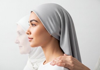 Serene young woman in elegant grey hijab, looking forward, with supportive hand and blurred older woman.