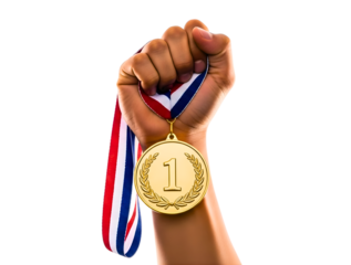 Fist holding a gold medal with number one isolated on transparent background