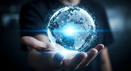 Person holding a digital globe with glowing connections and data points in hand