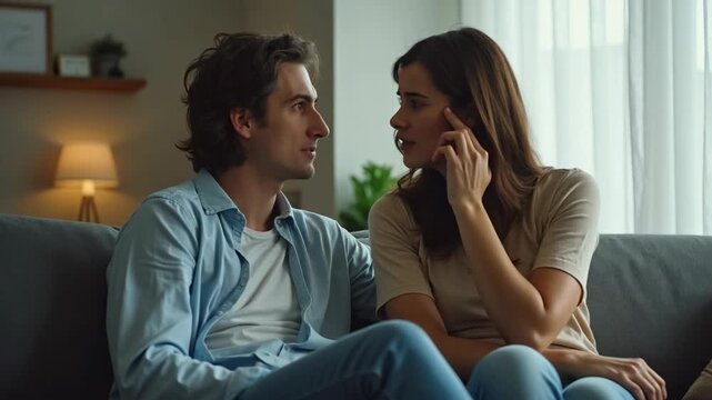 Distressed beautiful couple arguing and crying on the relaxed sofa at home, their love stressed and strained.