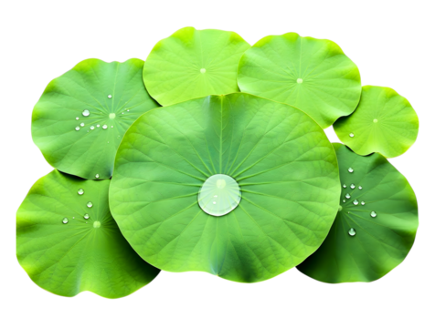 Group of fresh green lotus leaves with water droplets isolated on transparent background - Powered by Adobe