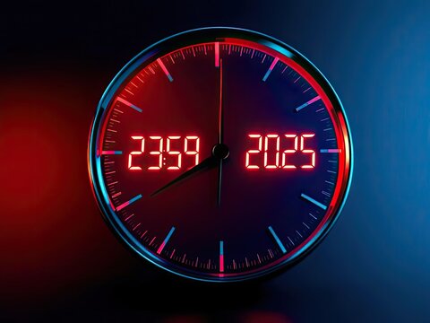 Illuminated futuristic digital clock showing time and year