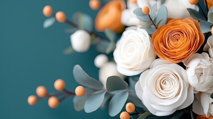 A close-up shot showcases a vibrant arrangement of white and orange roses, complemented by berries and green leaves, set against a teal backdrop, bathed in soft