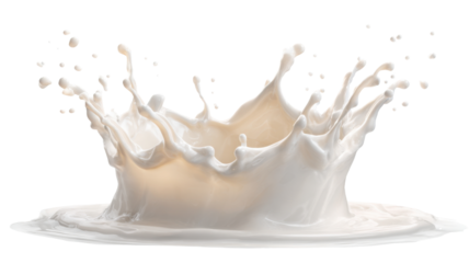 Milk splash crown creating dynamic liquid drops and waves, pouring fresh white dairy product on transparent background