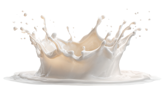Milk splash crown creating dynamic liquid drops and waves, pouring fresh white dairy product on transparent background