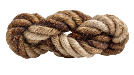 Thick natural fiber rope forming a knot, twisted brown and beige threads, organic texture, transparent background