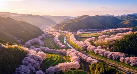 Aerial view of a valley with a river lined with cherry blossom trees during sunrise. The landscape features rolling hills and green fields.