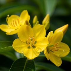 Fototapeta premium Close up of vibrant yellow flowers with green foliage in sunlight