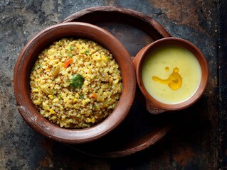 Hearty indian rice dish and creamy lentil soup in clay bowls