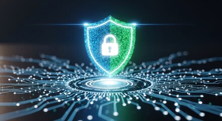 A green shield with a padlock icon on a digital circuit background.