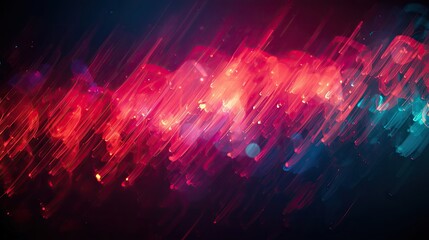 Dynamic composition reveals a vibrant abstract scene with red and blue hues, illuminated by blurred light trails and sparkling bokeh, creating a captivating visual effect on a dark background.