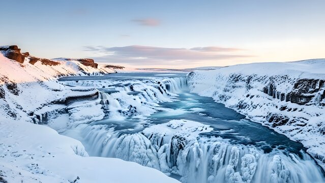 Majestic Gullfoss Waterfall in Iceland during Winter Season Scenery