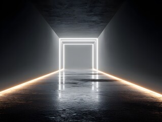 Light tunnel with glowing edges and depth; perspective center left empty for impactful message display.