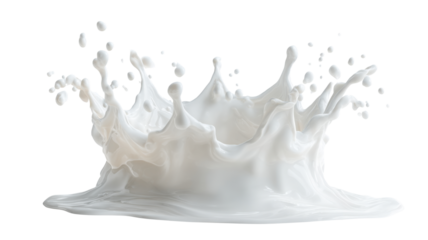 White milk splash forming crown shape with liquid drops, dynamic beverage movement, fresh dairy product on transparent background