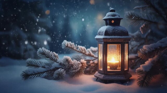 Winter scene with a lantern and snow-covered pine branches.