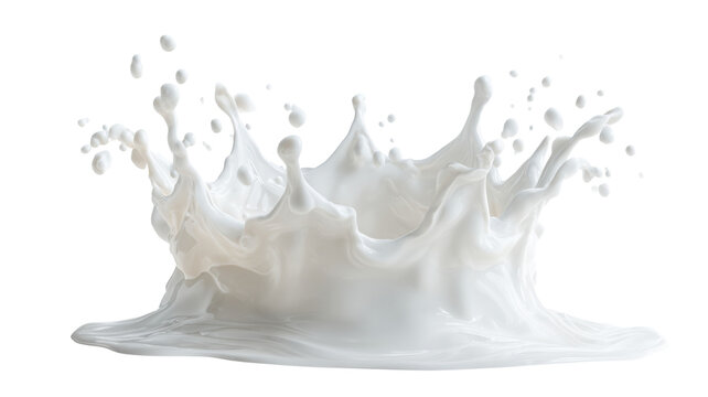 White milk splash forming crown shape with liquid drops, dynamic beverage movement, fresh dairy product on transparent background